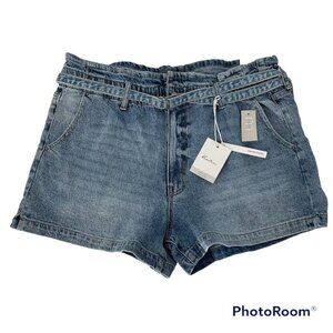 NWT‎ Kancan  Women's 90s High Rise Belted Acid Blue Wash Paper bag Waist Size 32